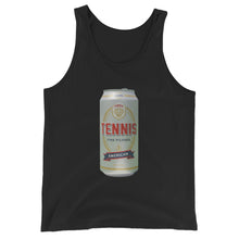 Tennis Pilsner design printed on the chest of a tank top, shown flat, front