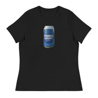 Tennis Light Blue Can design printed on the chest of a women's t-shirt, shown flat, front