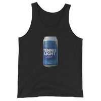 Tennis Light Blue Can design printed on the chest of a tank top, shown flat, front