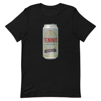 Tennis Pilsner design printed on the chest of a women's t-shirt, shown flat, front