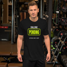 Ladder Challenge Pending black unisex t-shirt worn by a model -- tennis court style