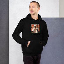Seventies Serve black hoodie worn by a model -- tennis court style