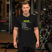 Snowbird Season black unisex t-shirt worn by a model -- tennis court style