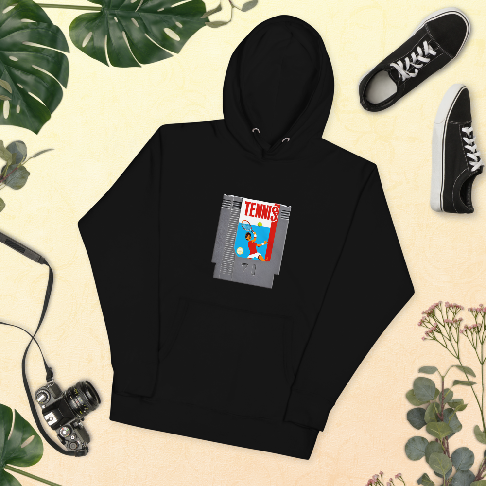 Game Set Match black tennis hoodie, front view worn