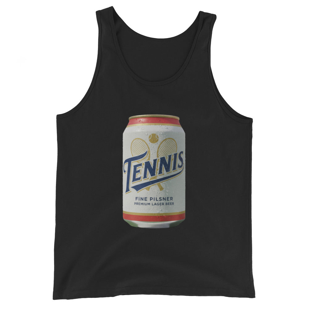 Tennis Pilsner Club (Members & Guests) design printed on the chest of a tank top, shown flat, front