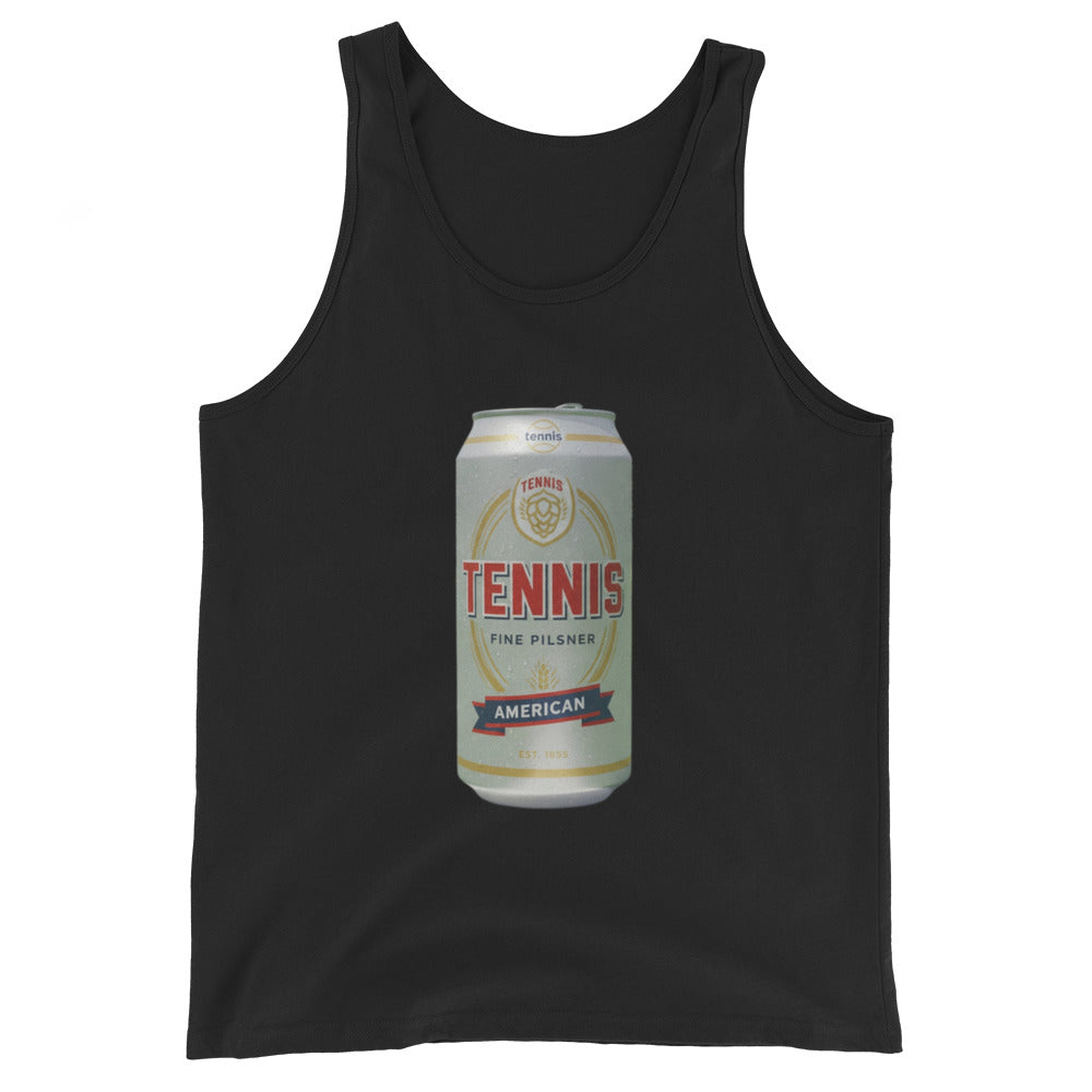 Tennis Pilsner design printed on the chest of a tank top, shown flat, front