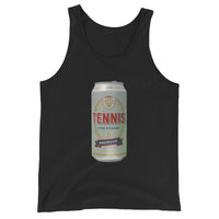 Tennis Pilsner design printed on the chest of a tank top, shown flat, front