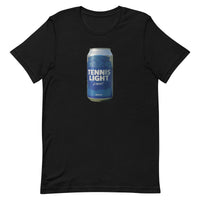 Tennis Light Blue Can design printed on the chest of a t-shirt, shown flat, front