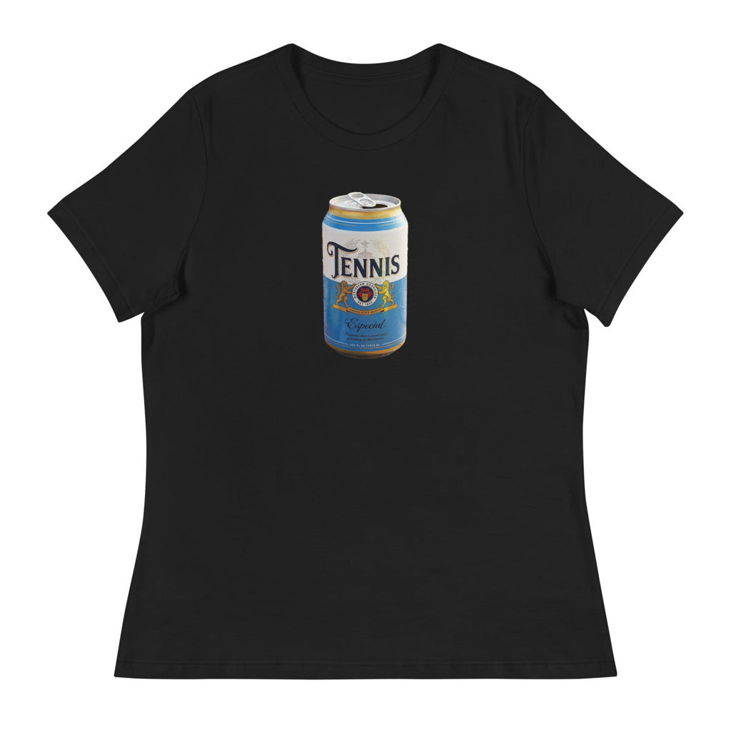 Tennis Pilsner Crest design printed on the chest of a women's t-shirt, shown flat, front