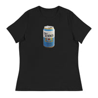 Tennis Pilsner Crest design printed on the chest of a women's t-shirt, shown flat, front