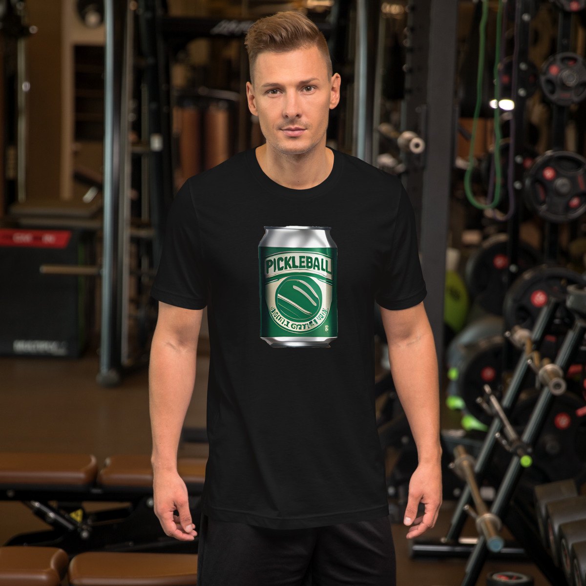 Pickleball Brew (Est. At The Net) — Men's Pickleball Performance Tee -- on-model render from the Printful print file