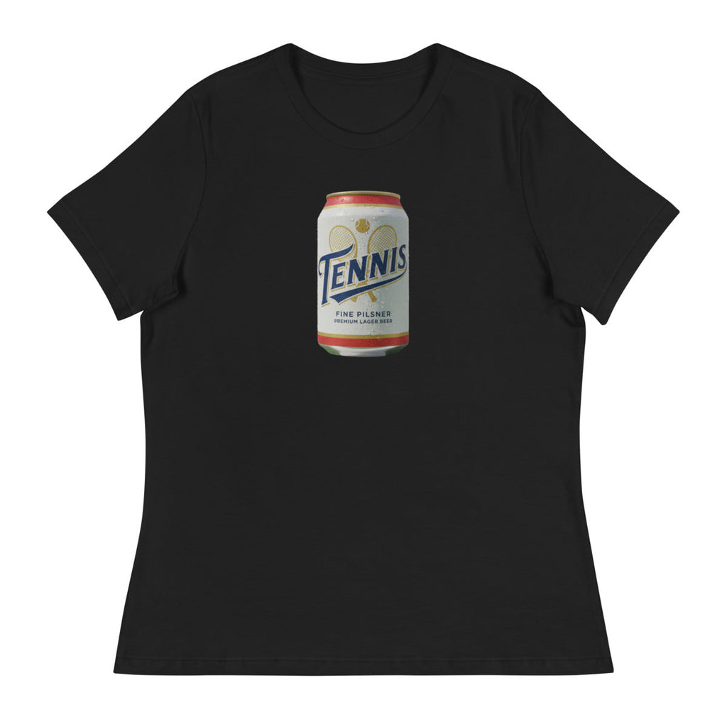 Tennis Pilsner Club design printed on the chest of a women's t-shirt, shown flat, front