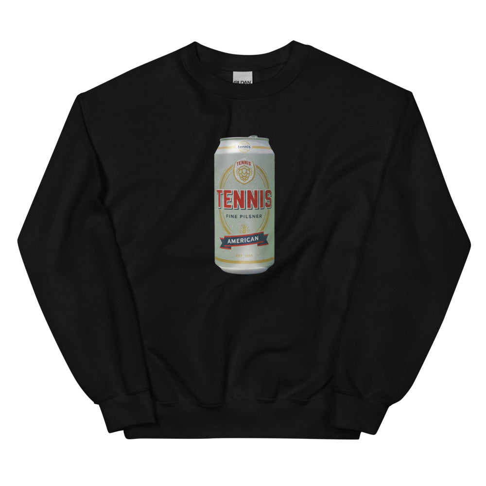 Tennis Pilsner American design printed on the chest of a sweatshirt, shown flat, front