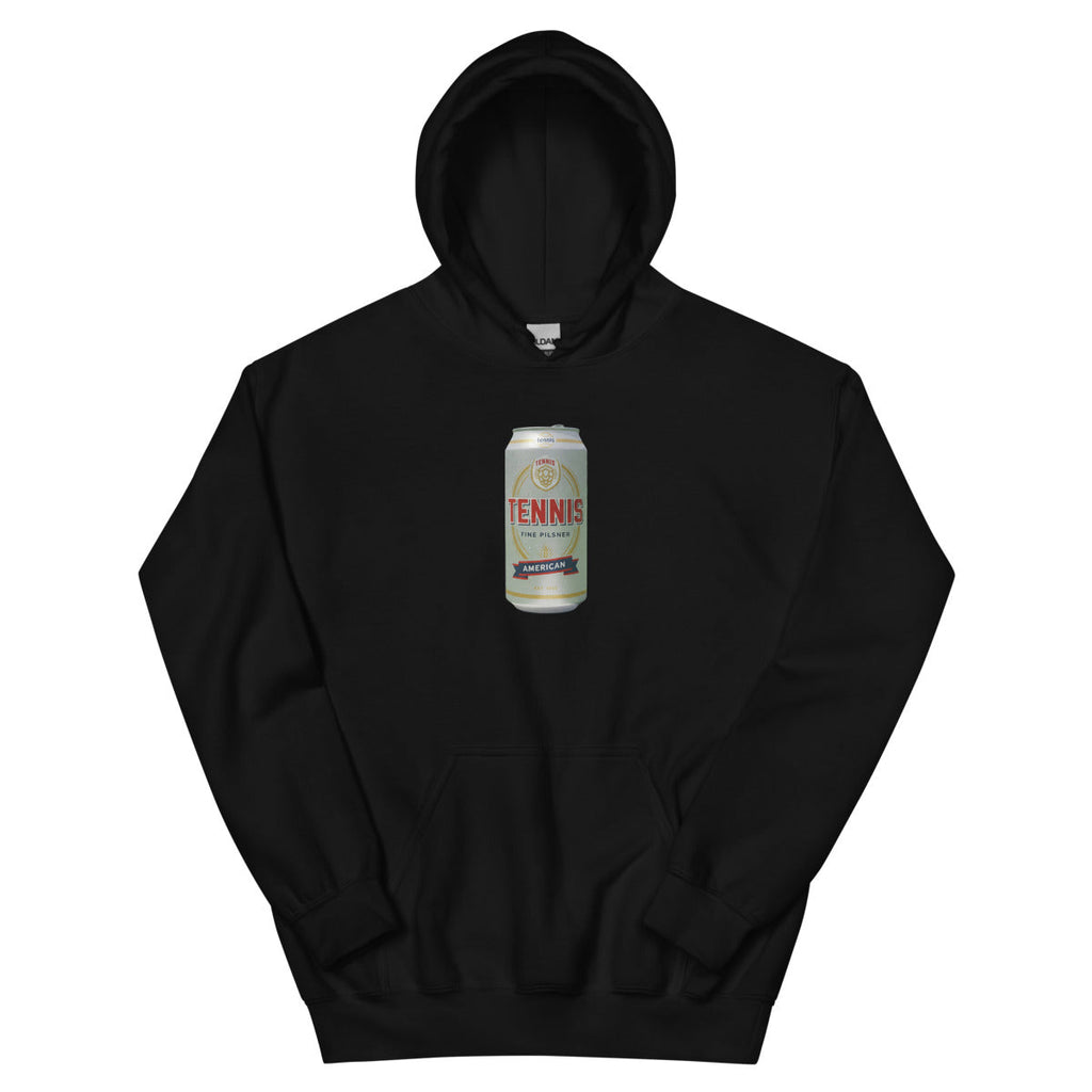 Tennis Pilsner American design printed on the chest of a hoodie, shown flat, front