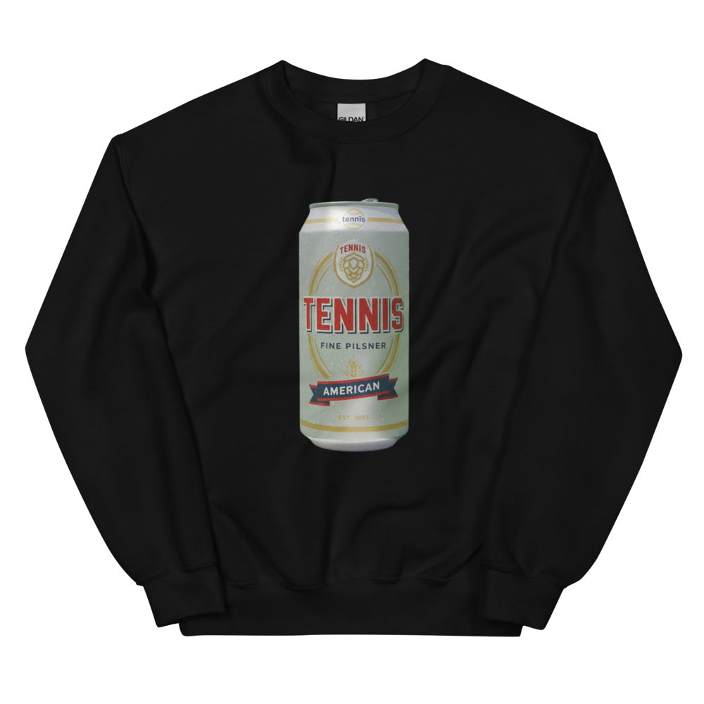 Tennis Pilsner American design printed on the chest of a sweatshirt, shown flat, front