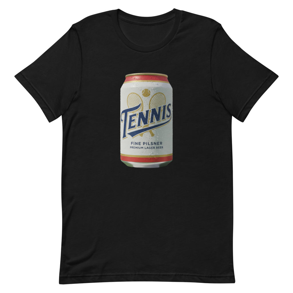 Tennis Pilsner Club design printed on the chest of a women's t-shirt, shown flat, front