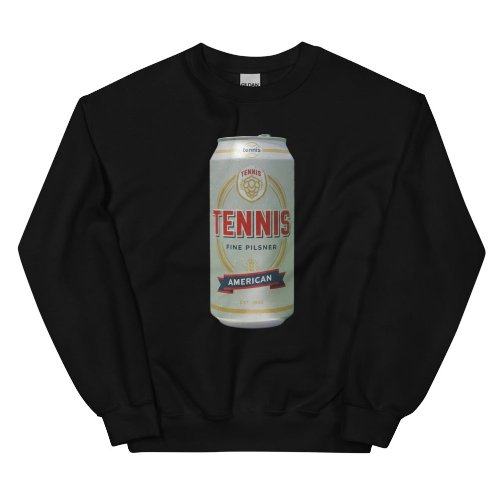 Tennis Pilsner design printed on the chest of a sweatshirt, shown flat, front