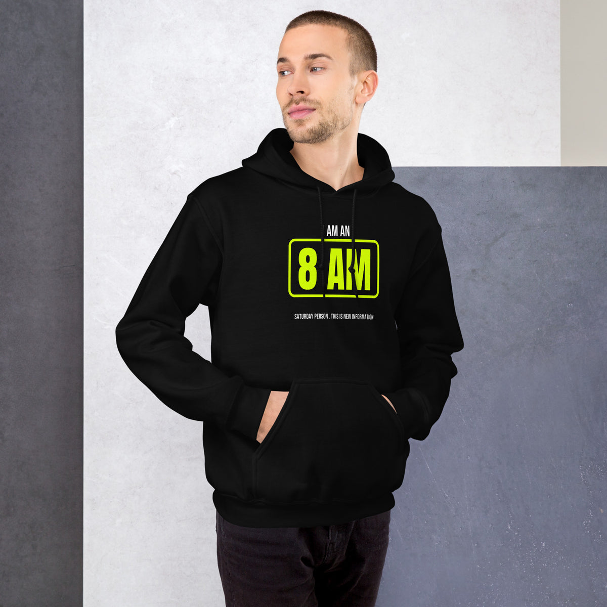 Eight Am Saturday Person black hoodie worn by a model -- pickleball court style