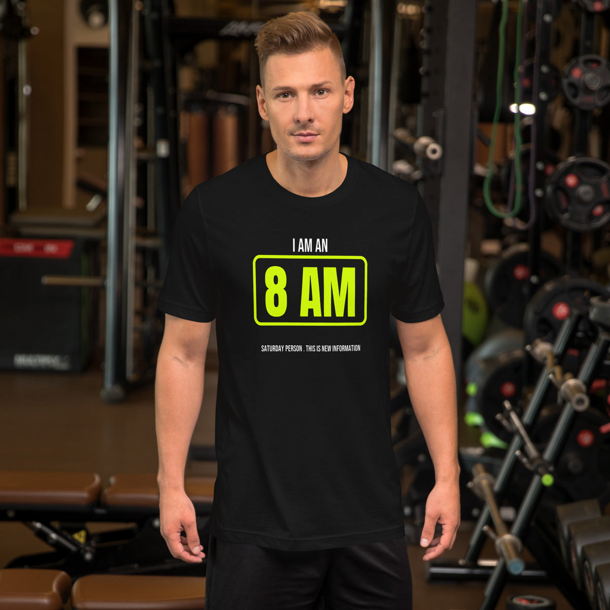 Eight Am Saturday Person black unisex t-shirt worn by a model -- pickleball court style