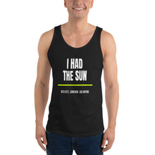 I Had The Sun black tank top shown on a model -- tennis court style