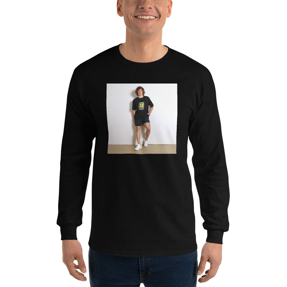 Press Start black long sleeve shirt shown on a model -- tennis court style