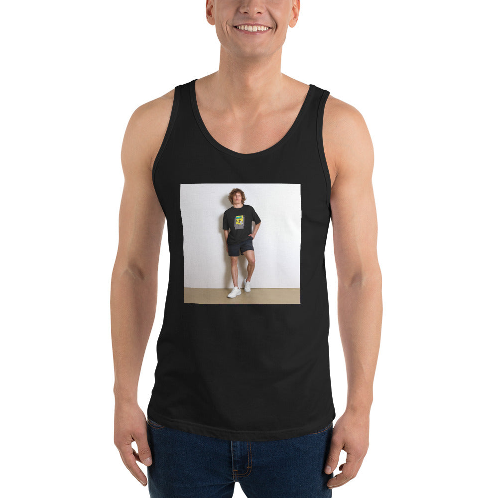 Press Start black tank top shown on a model -- tennis court style