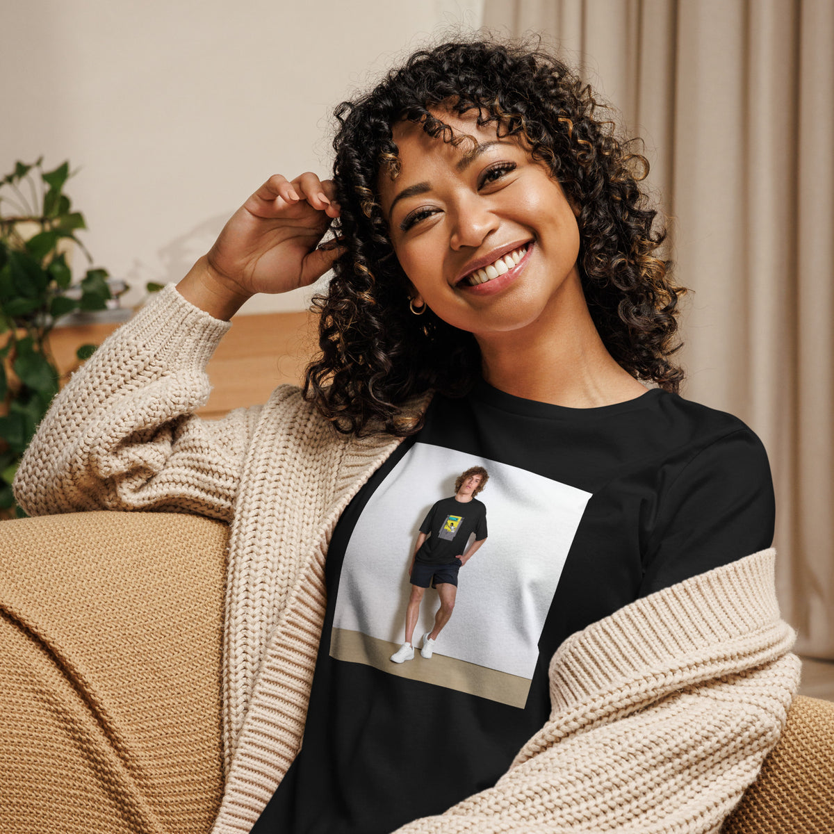 Press Start black women's t-shirt worn by a model -- tennis court style