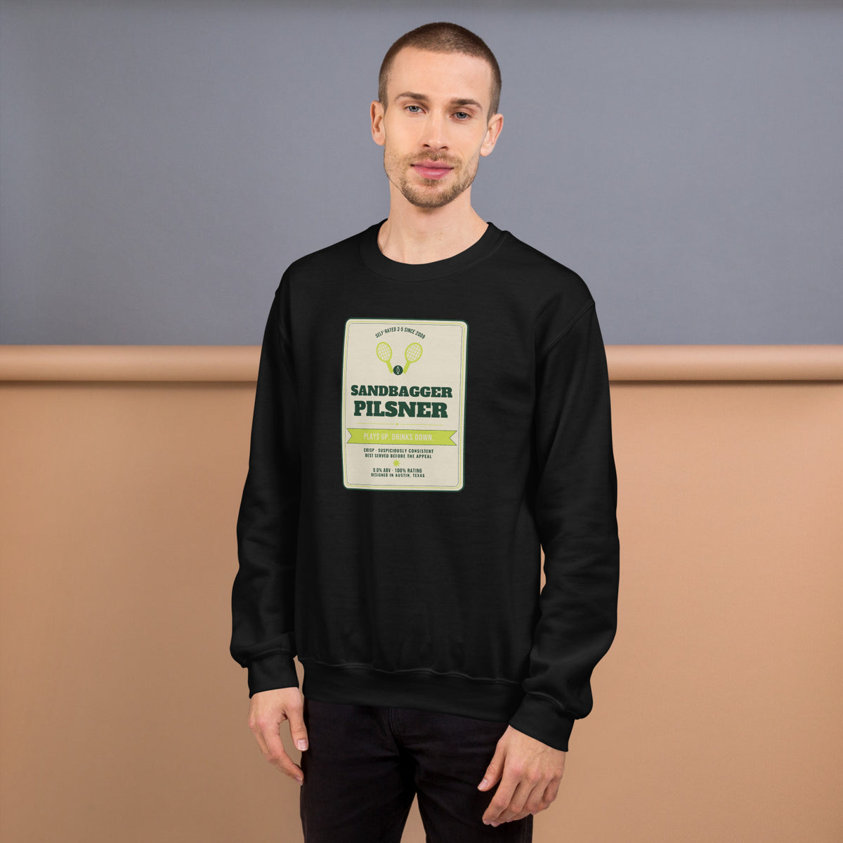Sandbagger Pilsner - worn - tennis sweatshirt