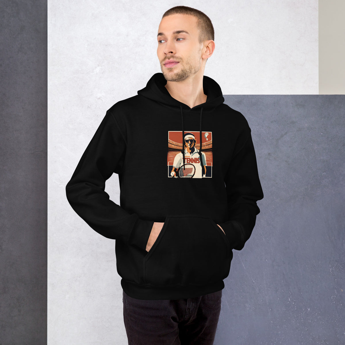 Seventies Serve black hoodie worn by a model -- tennis court style