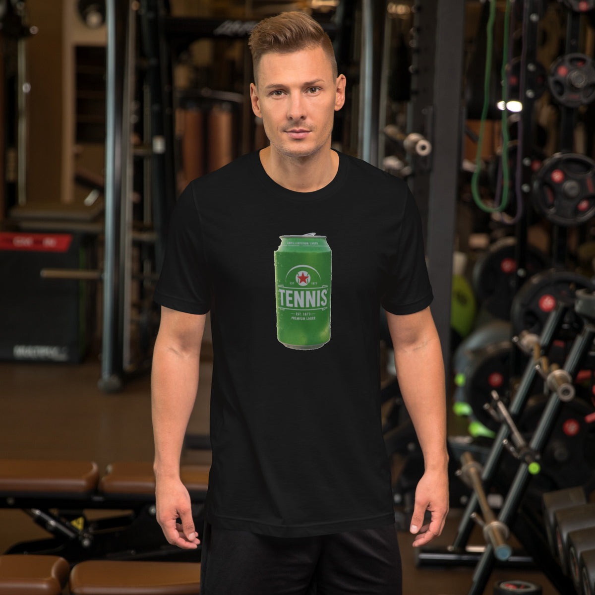 Tennis Import black unisex t-shirt worn by a model -- tennis court style