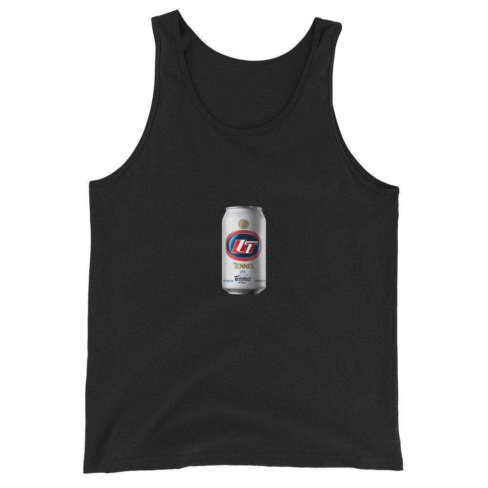 tennis lite silver can design printed on a tank, front