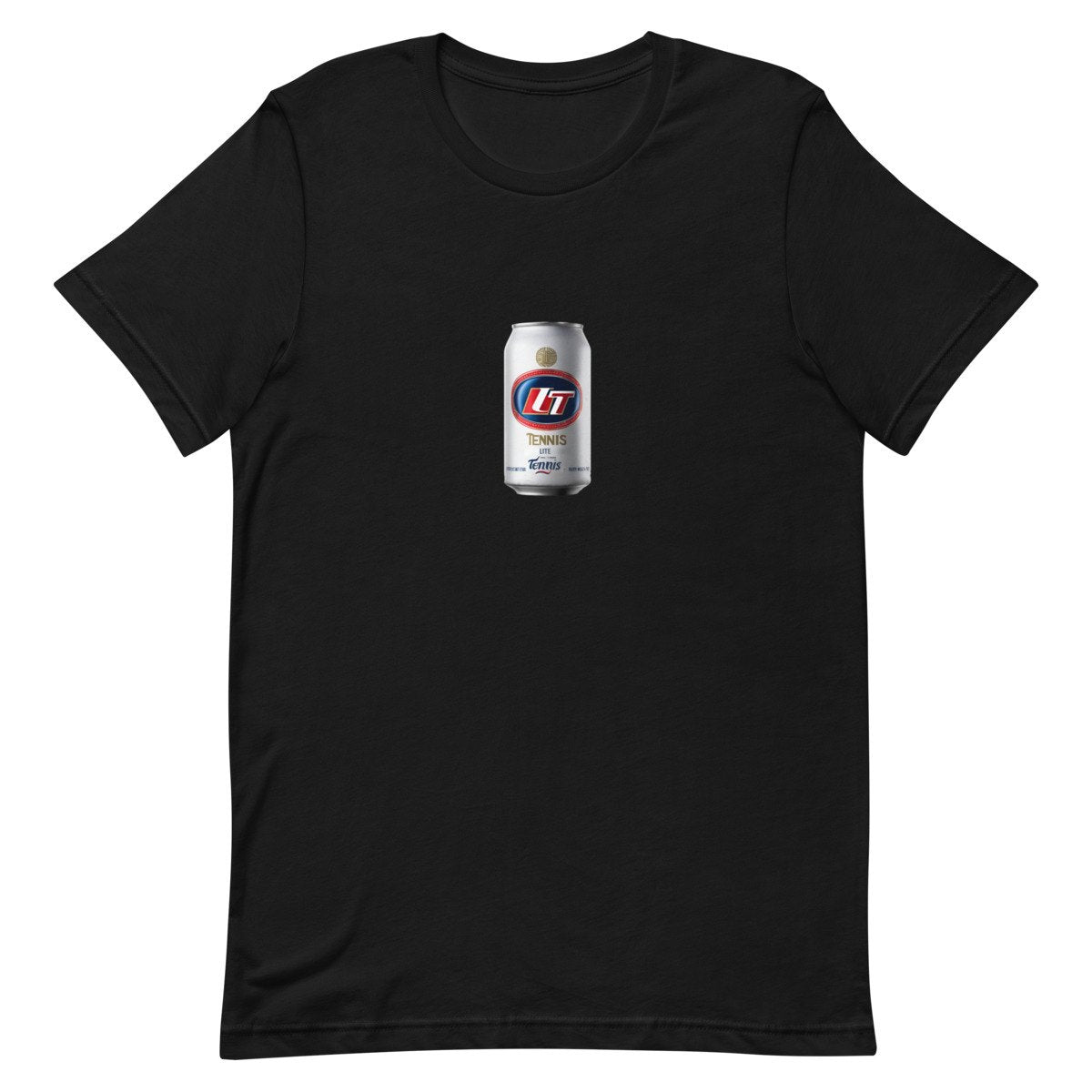 tennis lite silver can design printed on a tee, front