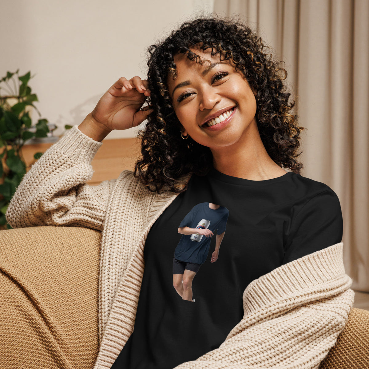 Tennis Lite Silver Can black women's t-shirt worn by a model -- tennis court style