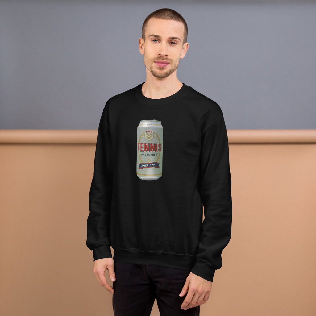 Tennis Pilsner American black sweatshirt worn by a model -- tennis court style