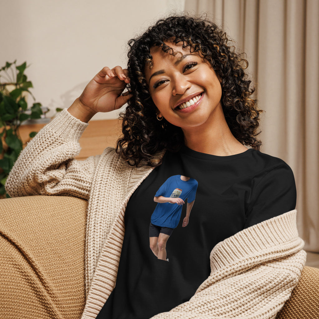 Tennis Pilsner Club black women's t-shirt worn by a model -- tennis court style