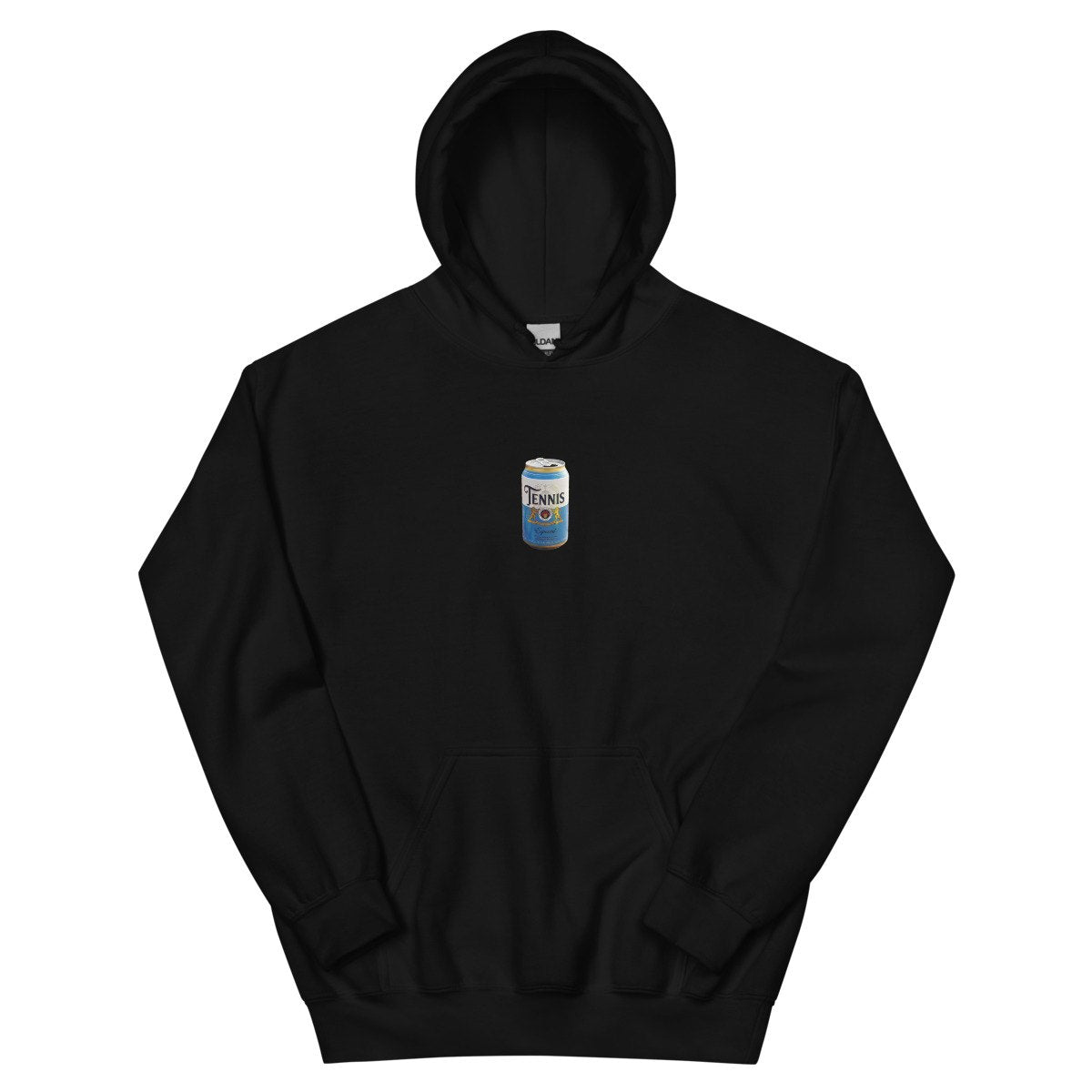 tennis pilsner crest design printed on a hoodie, front