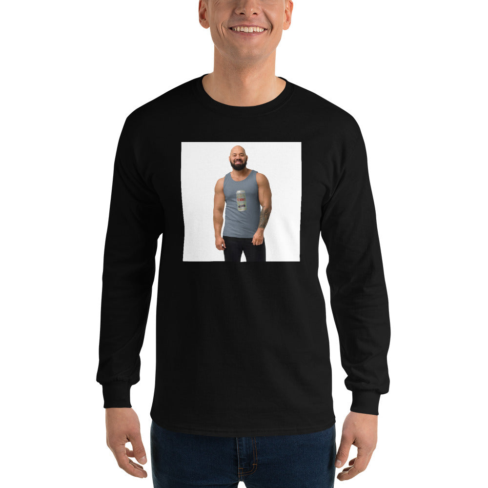 Tennis Pilsner black long sleeve shirt shown on a model -- tennis court style