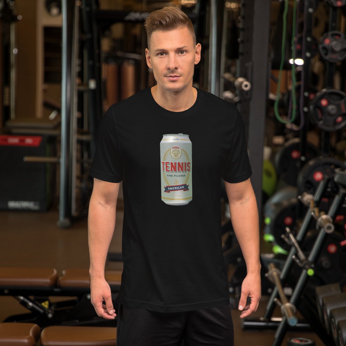 Tennis Pilsner tee worn by a model
