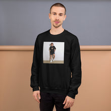 The Volleyer black sweatshirt worn by a model -- tennis court style