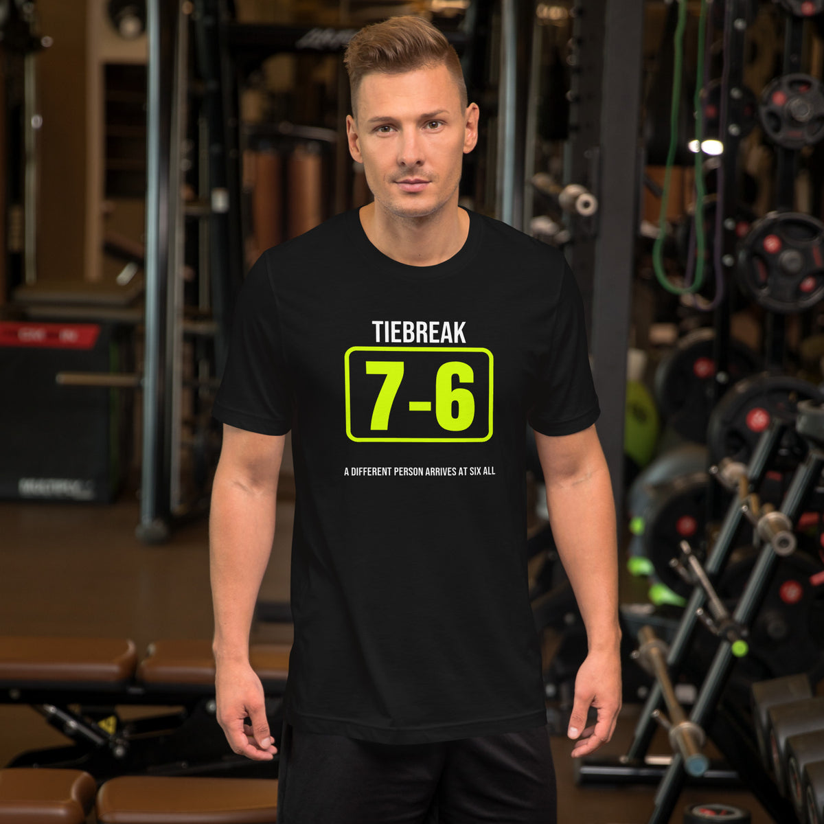 Tiebreak Personality black unisex t-shirt worn by a model -- tennis court style