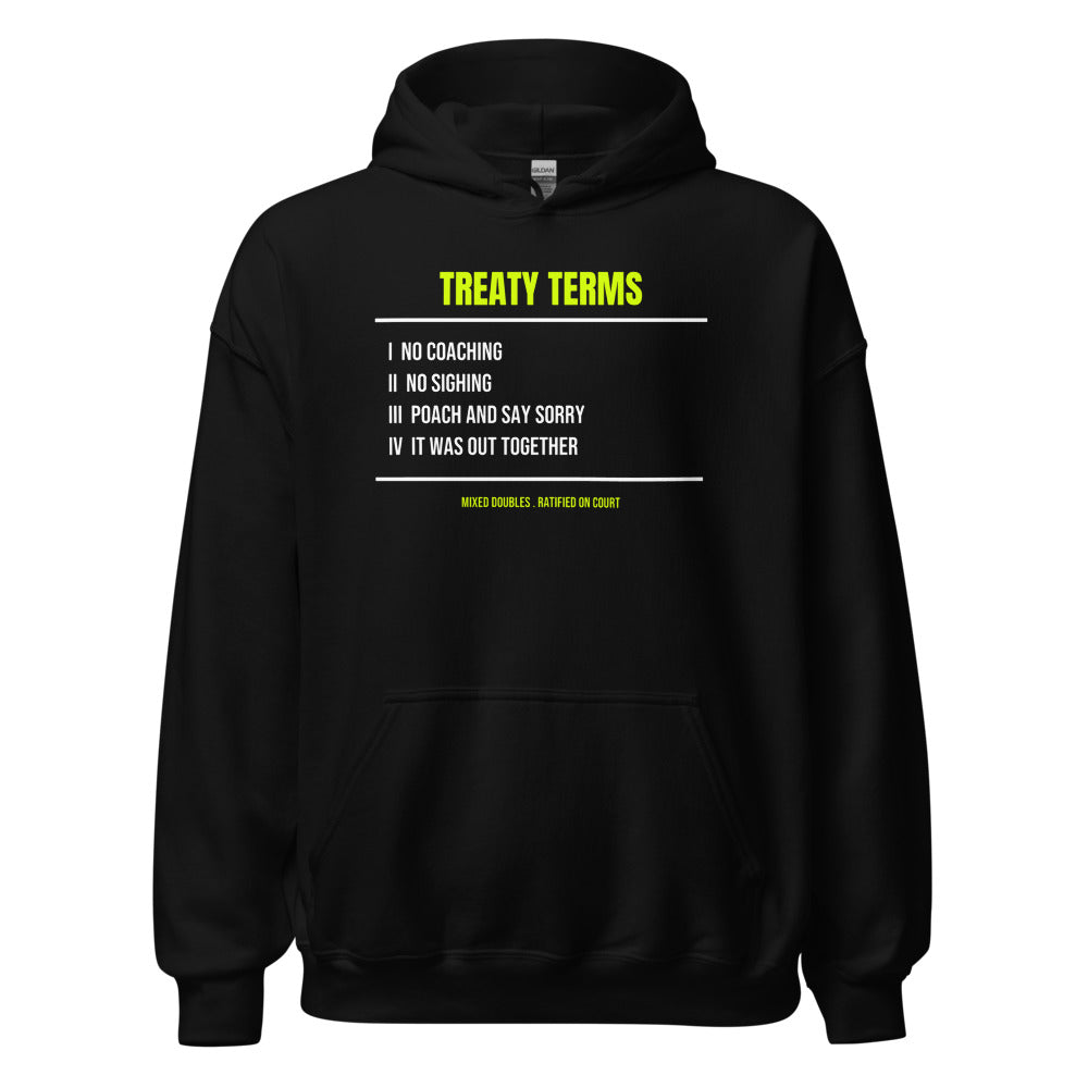 Mixed Doubles Diplomacy — Funny Tennis Hoodie — Black