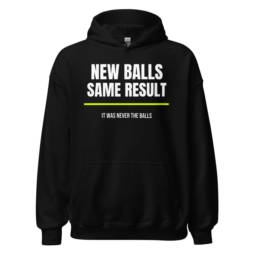 New Balls, Same Result — Funny Tennis Hoodie — Black