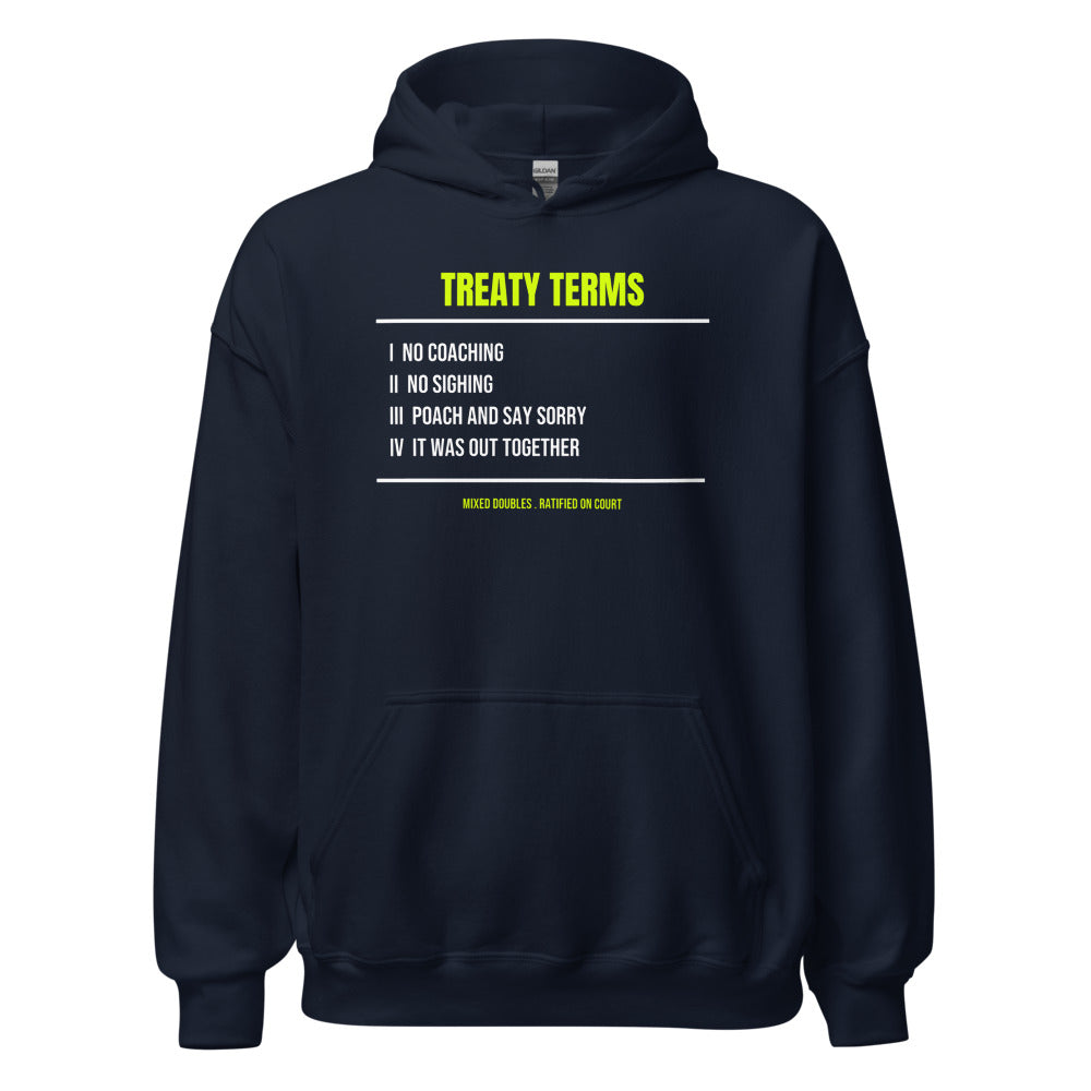 Mixed Doubles Diplomacy — Funny Tennis Hoodie — Navy