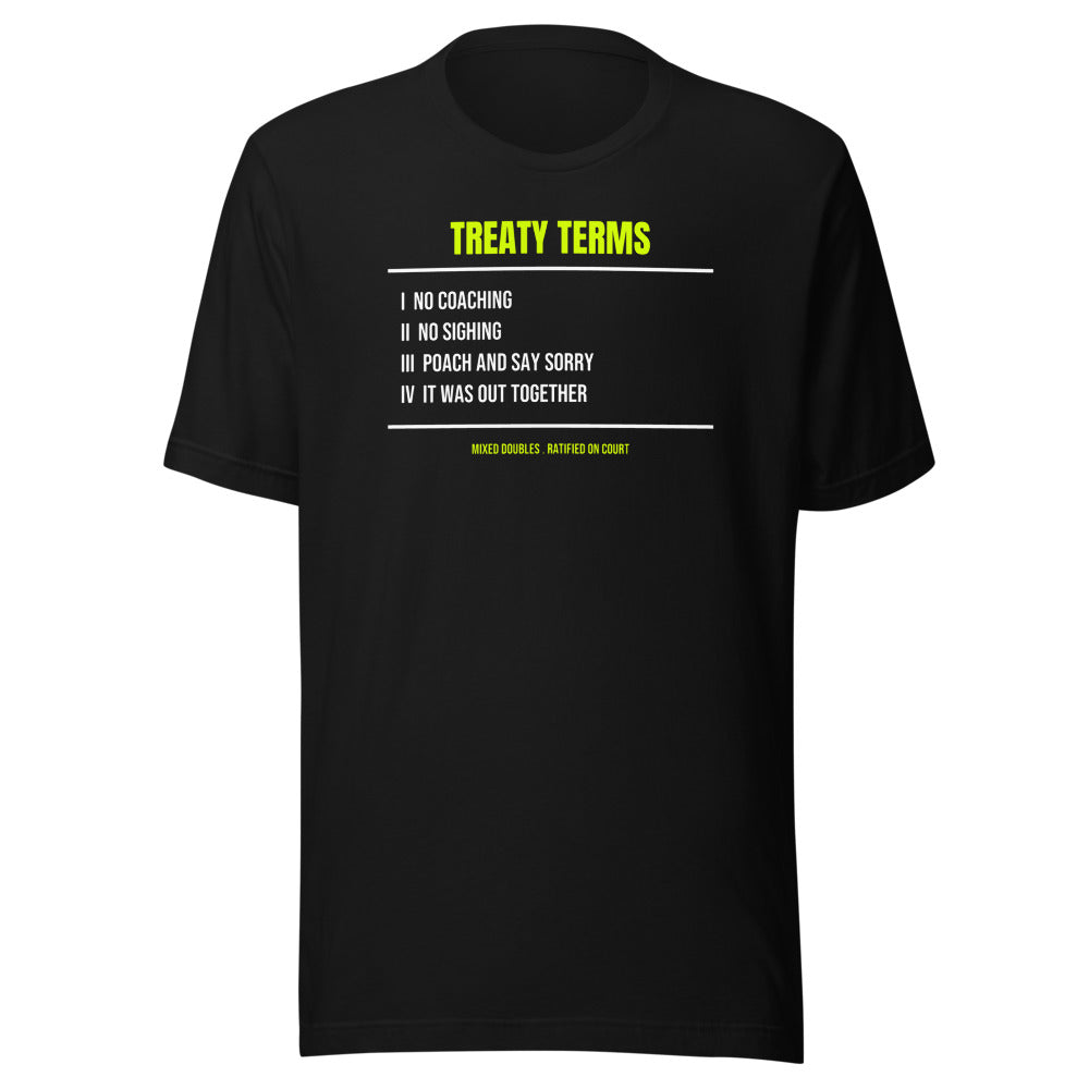 Mixed Doubles Diplomacy — Funny Tennis Unisex Tee — Black