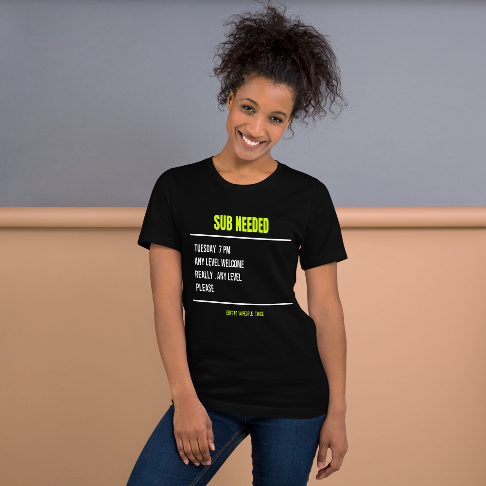 The Sub Request — Funny Tennis Unisex Tee shown on a model, front view