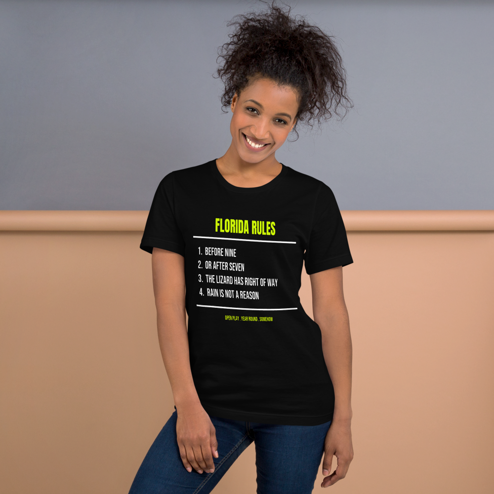 Florida Rules Of Play — Funny Tennis Unisex Tee shown on a model, front view