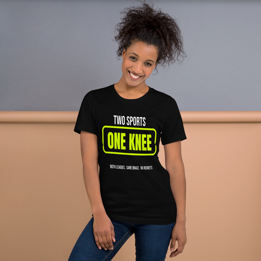 Two Sports, One Knee — Funny Pickleball Unisex Tee shown on a model, front view
