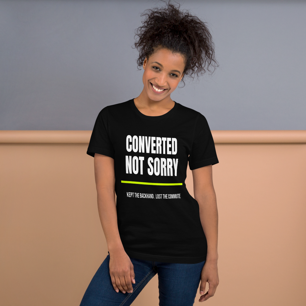 Converted, Not Sorry — Funny Pickleball Unisex Tee shown on a model, front view