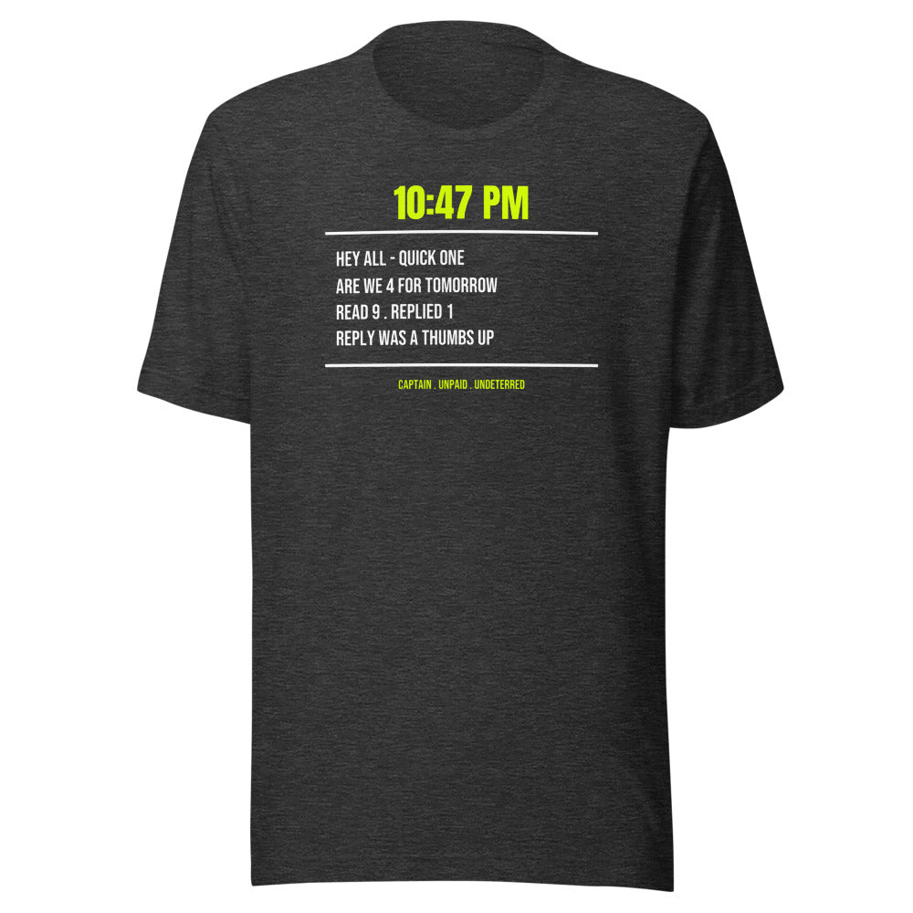 The 10 PM Lineup Text — Funny Tennis Unisex Tee — Dark Grey Heather