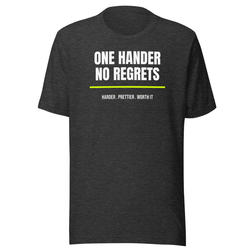 One Hander, No Regrets — Funny Tennis Unisex Tee — Dark Grey Heather